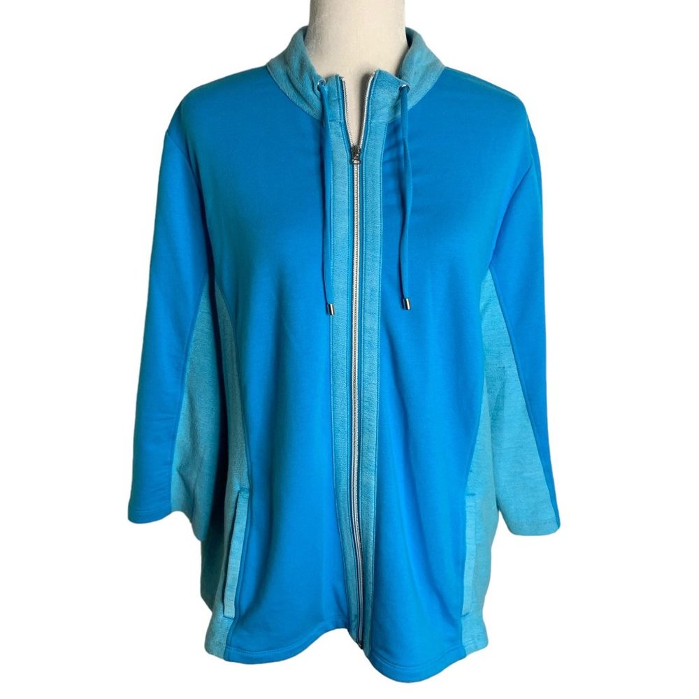 Chicos Full Zip Athletic Sweatshirt L Blue Drawstring Neck Pockets Stretch